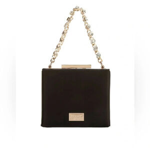 Jewel badgley mischka black satin box crystal chain clutch handbag